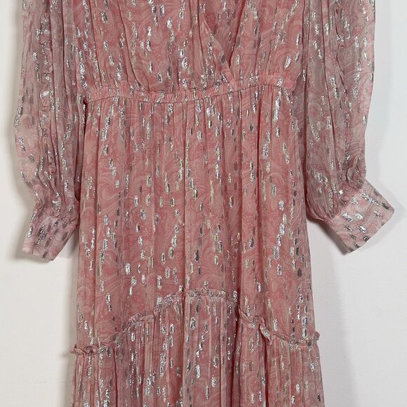 Ramy Brook Ora Metallic Print Maxi Dress Sz SP Pink Long Sleeve Crossover V-Neck - Picture 7 of 16